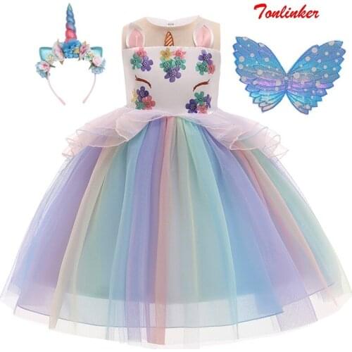 Girls New Princess Unicorn Dress Cosplay Costume Kids Layered Deluxe Gown Child Carnival Halloween Birthday Party Fancy Dress