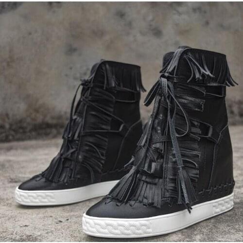 Girls Black White Solid Color Cow Leather 8 cm Wedge Sneakers Woman Fringed Tassel Height Increasing Short Ankle Boots Shoes