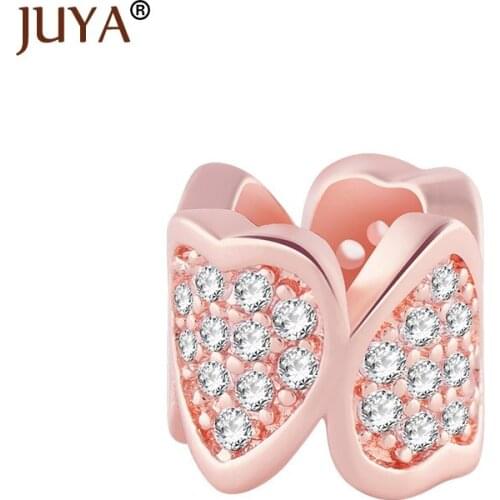 Jewelry Making Supplies Micro Pave CZ Rhinestone Big Hole Beads Copper Metal Heart Hollow Beads For Jewelry Making Accessories