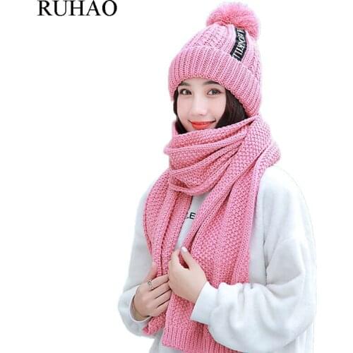 RUHAO 2019 Winter Hat Scarf Fashion Knit Beanies Cap Hats For Women Warm Scarf And Hat Twist Knitted Hat Beanies