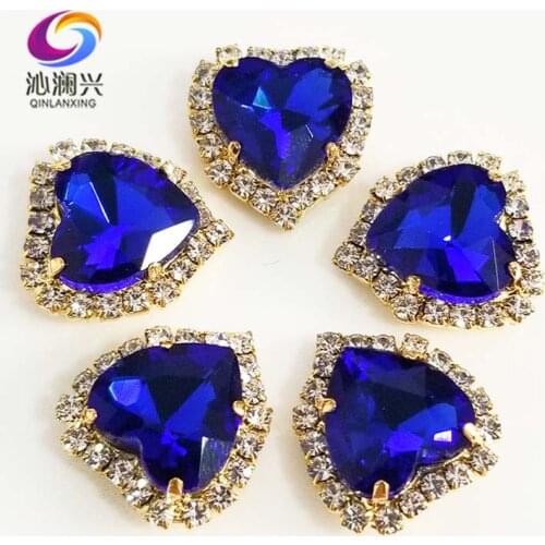 Gold bottom Royalblue heart shape Crystal glass buckle,sew on rhinestones for Diy/jewelry accessories 12mm/14mm/18mm 10pcs