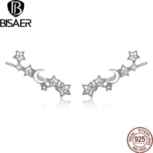BISAER Brincos 925 Sterling Silver Stars and Moon Stud Earrings for Women Dazzling Zircon Simple Fashion Earrings Jewelry Bijoux