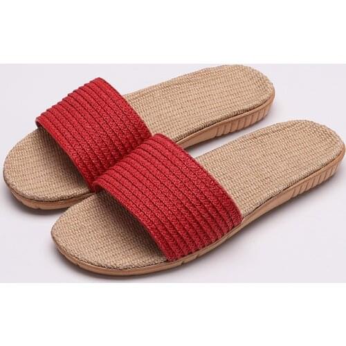 Summer Flax Slippers Women Men Casual Linen Slides Fashion Sold Color Non-slip EVA Home Slippers Indoor Shoes Female Sandals