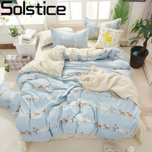 Solstice Home Textile Cartoon Dog Puppy Duvet Cover Flat Sheet Pillowslip Girl Kid Bedding Set Light Cyan Beige Linen Queen King