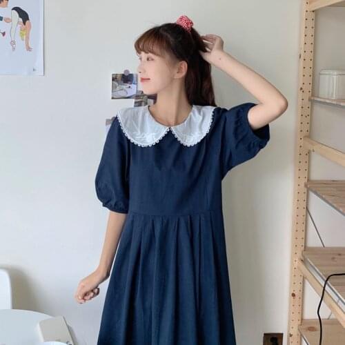 Heydress Lace Patchwork Peter Pan Collar Casual Vestidos Summer Vintage Dresses For Women Korean Lace Up Slim Waist Long Dress