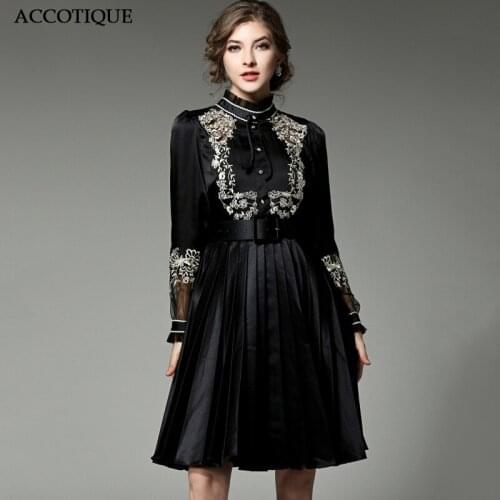 High Quality Womens New Spring Fashion Hollow Out Embroidery Pleated Dress Lady Black Patchwork Slim Dresses With Belt