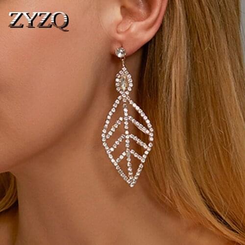 ZYZQ Creative Fashion Long Leaf Drop Earrings For Women Hollow Shiny Full Rhinestone Earrings Temperament Banquet Jewelry 2021