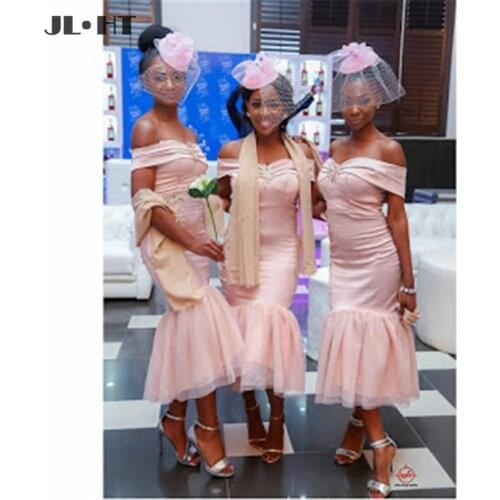 2021 Black Women Off Shoulder Wedding Party Gown Short Sleeves African Tea Length Shiny Satin Mermaid Bridesmaid Dresses