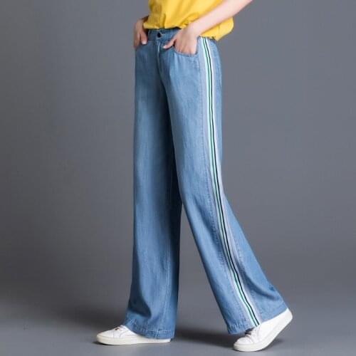2021 Summer Breathable Korean Ribbon High Waist Tencel Jeans Womens Wide Leg Trousers