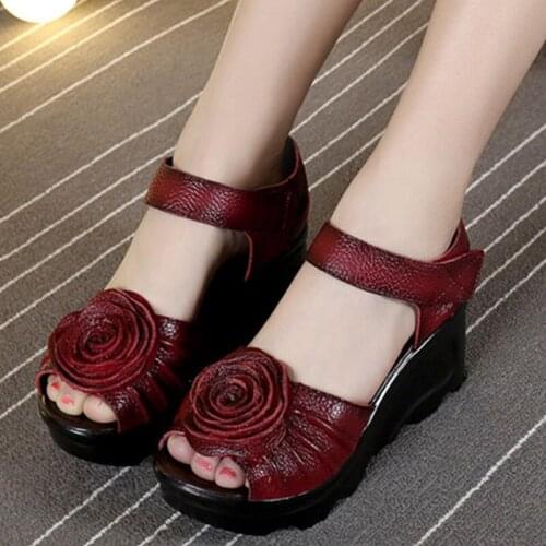 2021 Ethnic Style Genuine Leather Women Shoes Ladies Summer Wedges Sandals Bride Wedding Handmade Platform Woman Sandals Mujer