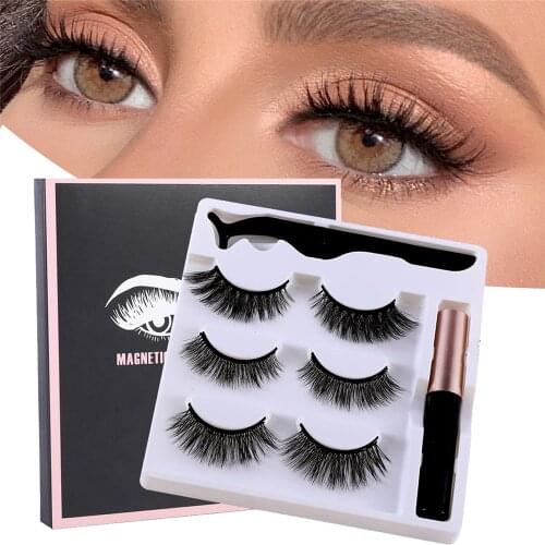 3 Pairs Magnetic Eyelashes 3D Mink Eyelashes Makeup Magnetic Lashes Eyeliner Tweezers Set Natural False Lashes Short Faux Cils