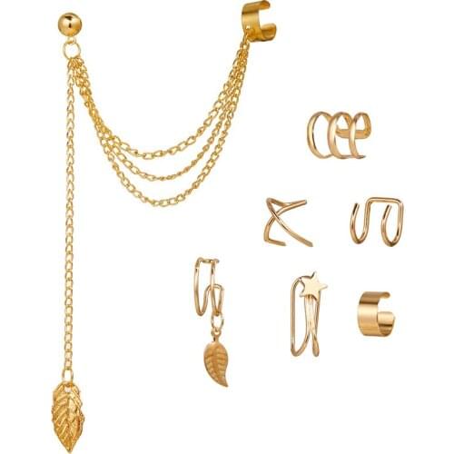 7pcs/set Star Leaves Chain Ear Cuff Fake Cartilage No Pierced Cross C Shaped Clip Earrings Gold Silver Color Ear Wrap Jewelry