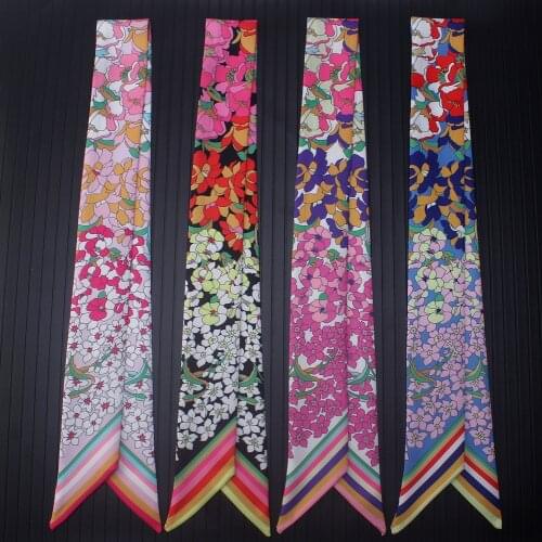 90*5cm New Korean-Style Small Floral Arm Bag Silk Scarves Variety Striped Prints Silk Scarves Womens Small Ribbon Hair Band
