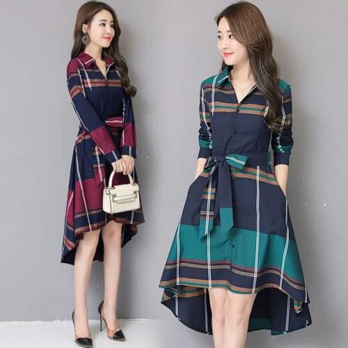 AECU 2021 Autumn Women Long Shirt Plus Size Office Lady Lapel Long Sleeve Plaid Vintage OL Dress Blouse Coat Female Dress