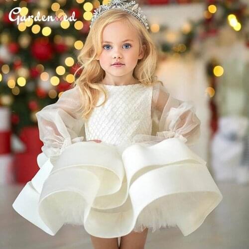 Glitter Ball Gown Girl Party Dresses Illusion Sleeves Puffy Layers Girl Birthday Dress Girl Christmas Party robe de princesse