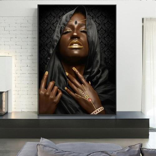 Black and Gold Turban Woman Portrait Canvas Painting Posters and Prints Scandinavian Wall Art Picture for Living Room Decor