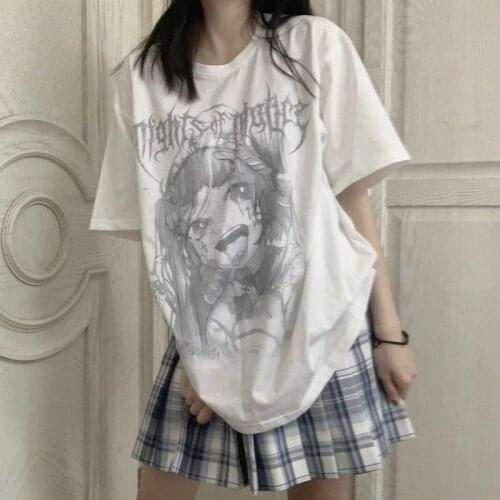 Japanese summer women Anime dark gothic tees letter print Ulzzang short-sleeved Vintage tops Harajuku T-shirt clothes shirt size