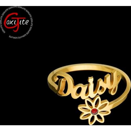 Goxijite Trendy Custom Name Cute Flower Ring For Girl Personalized Birth Stone Letter Nameplate Adjustable Rings Lovely Gifts