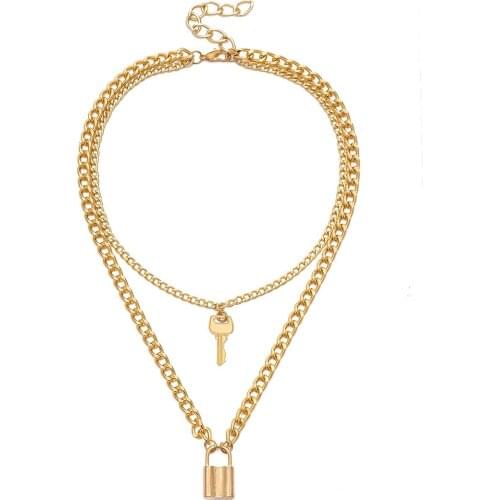 Icnway Creative Fashion Geometric Elements Versatile Items Vintage Key Lock Pendant Necklace for Women