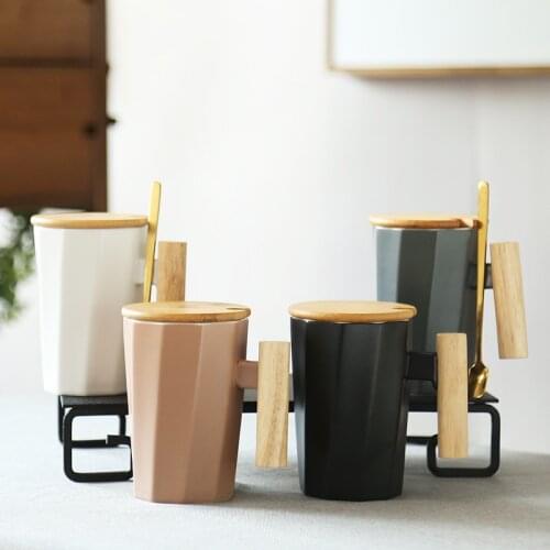 330ml Wood Handle Ceramic Coffee Mug Creative Polygonal Office Home Milk Tea Cup for Gift Simple Geometric Polygon