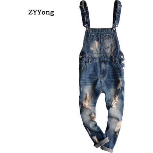 Blue Hole Overalls Men Denim Jumpsuit Ripped Tattered Jeans Bib Ankle Length Hip Hop Big Pocket Cargo Pants Trousers Clothing