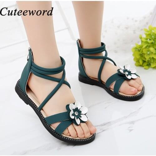 Summer Sandals for Girls Kids 2021 Gladiator Childrens Roman Shoes Princess Beach Shoes Green Pink Black Fashion Zip Back