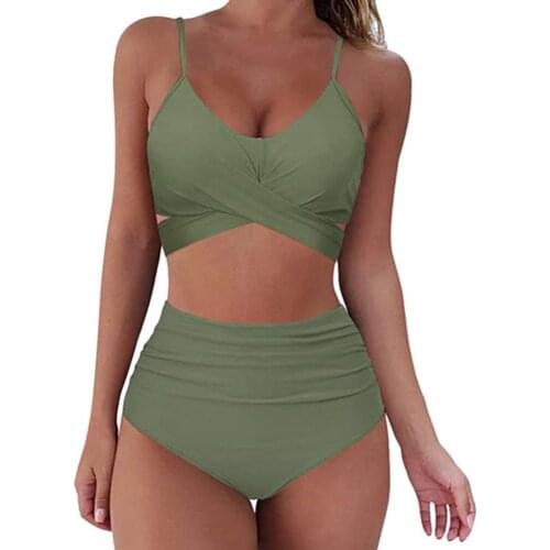 Summer Bikinis Set Women High Waist Solid Color Women Spaghetti Strap Bra Panties Bikini Set Swimsuit Two Piece Set 2021