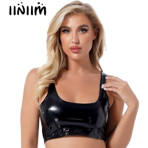 Ladies Fashion Tank Top Wet Look Patent Leather Cropped Tank Top U Neck Zipper Back Wide Shoulder Straps Vest for Women