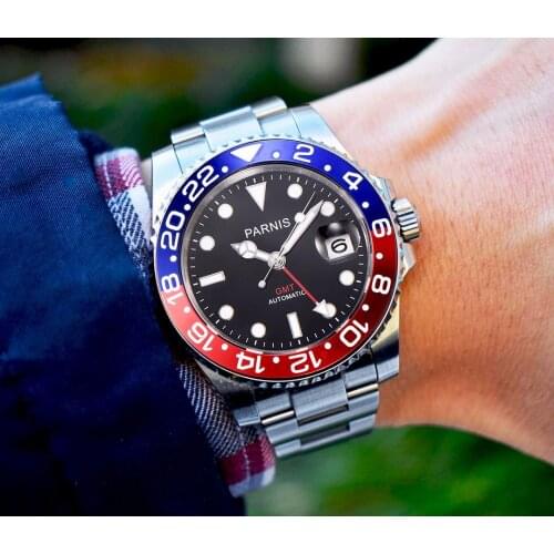 40mm Parnis Black Dial Mechanical Watches GMT Sapphire Crystal Mens Watch Automatic relogio masculino Role Luxury Men Wristwatch