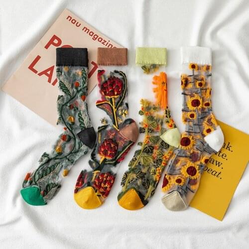 2021 Novelty Harajuku New Product Crystal Silk Tide Socks Funny Sunflowers Vines Flowers Happy Women Socks Casual High Quality
