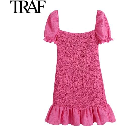 Traf Za Women Clothing Summer 2021 Chic Bubble Short Sleeve Dresses French Fashion Ruffle Strawberry Dress Mini Dresses