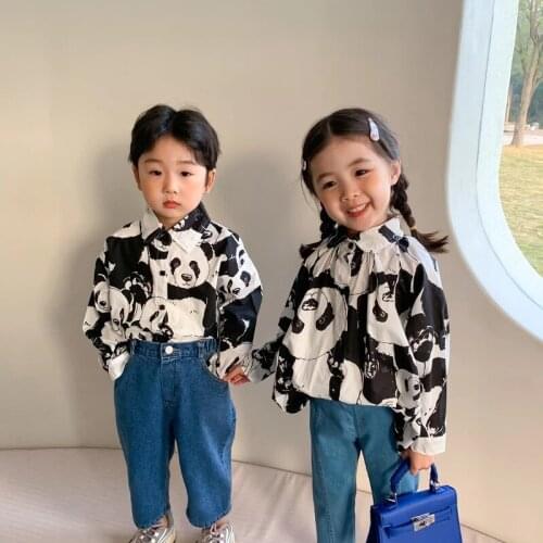 Spring fashion panda printing long sleeve shirts for boys and girls 2021 casual Brother and sister clothes Tops