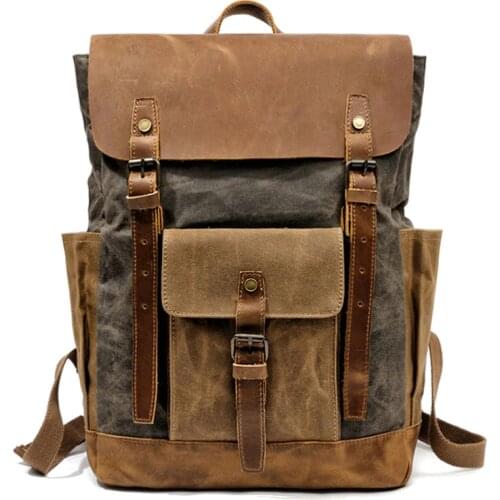 MUCHUAN Oil Wax Canvas Cow Leather Backpacks Unisex Waterproof Rucksacks 15" Laptops Daypacks Large Capacity Vintage Mochilas