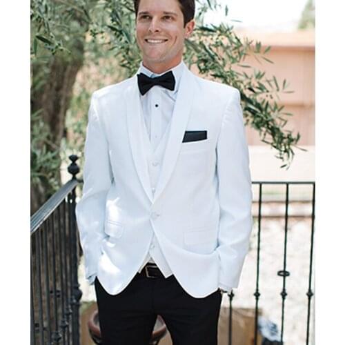 White Groom Tuxedo for Groom Prom with Black Pants Shawl Lapel Slim Fit Formal Men Suits Male Fashion Costume Waistcoat 2021