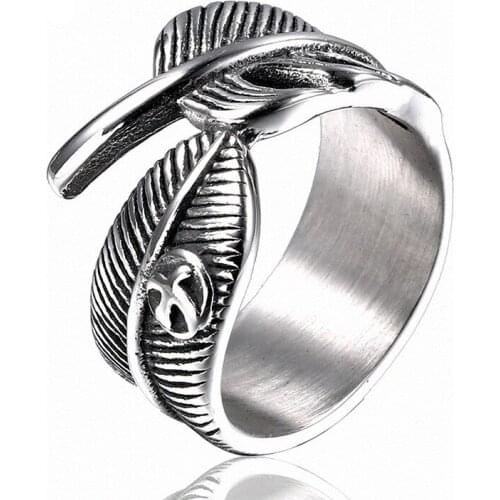 Vintage Feather Leaf Ring Flying Eagle Stainless Steel Rings for Men Male Fashion Hip-Hop Punk Male Jewelry