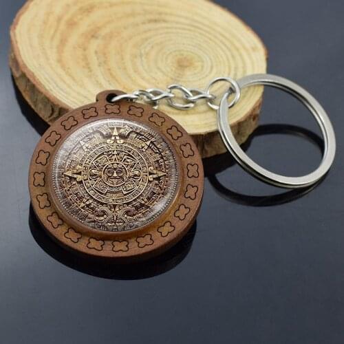 Vintage Wood Jewelry Aztec Calendar Keychains Mexican Jewelry Engraved Wooden Keychain Keyring Mayan Calendar Pendant