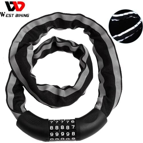 WEST BIKING 94cm Reflective Bicycle Lock 5 Digital Password Anti-theft Locks Security Motorcycle Cycling MTB Bike Chain Lock