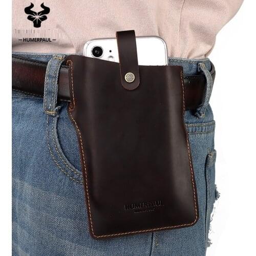 Xiaomi Luxurious Genuine Leather Mens Belt Phone Bag Retro Crazy Horse Cowhide Mobile Phone Pocket Casual Waist Bag