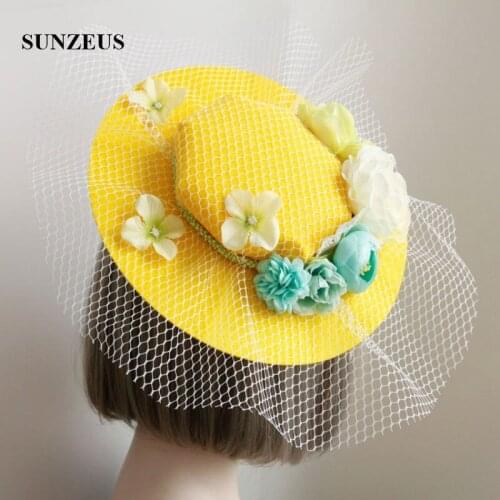 Bright Yellow Hats for Girls Flowers High Quality Wedding Hair Accessories White Tulle Face Veil Holloween Party Hats SH10