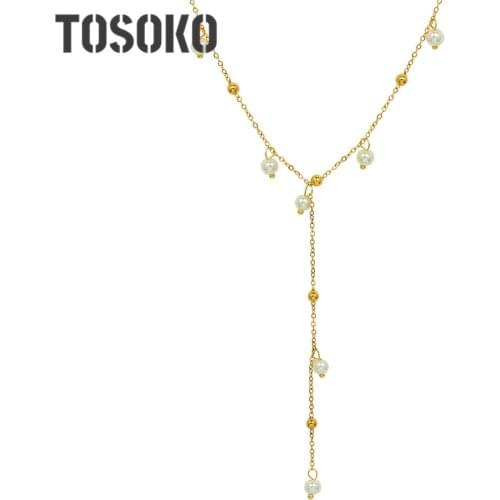 TOSOKO Stainless Steel Jewelry Pearl Necklace Elegant Tassel Clavicle Chain For Women BSP1089