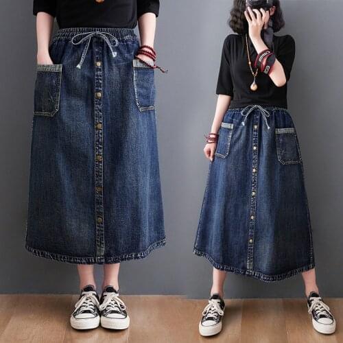 Summer Pocket Elegant Denim Vestidos Look Thin Maxi Skirt 2021 Korean Women High Waist Casual Loose Split Jean A-line Skirts