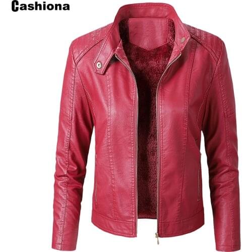 Women Faux Pu Leather Jackets 2021 Autumn Winter Velvet Coat Pocket Zipper Outerwear Slim Biker Jacket Red Black Womens Clothing