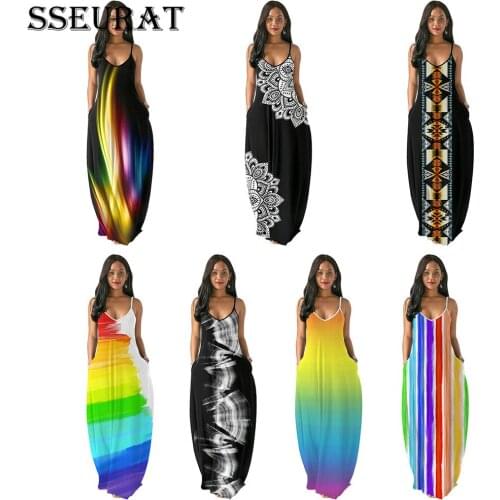 SSEURAT Women Long Dress Print Sleeveless Strap V-neck Loose Straight Maxi Dresses Casual Streetwear Summer 2021