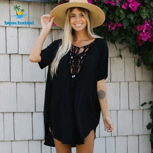 Beachsissi New Black Beach Cover Up Bikini Women V Neck Swimsuit 2021 Lace Loose Dress Swimming Bathing Suit Beachwear