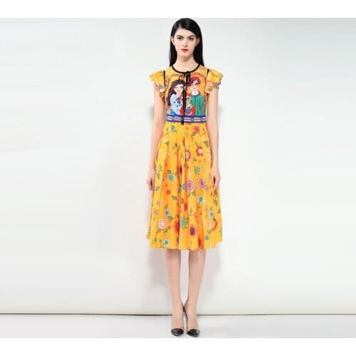 2020 Summer New Arrival Europe Fashion A-Line O-Neck Short Sleeve Bow Flower Cartoon Print Elegant Knee-Length Dress Women