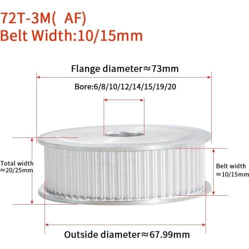 BYCDJ 3M72 Teeth HTD 3M Timing Pulley Bore 6/8/10/12/14/15/19/20mm for Width 10/15mm AF/BF Aluminium HTD3M Synchronous Belt 72T