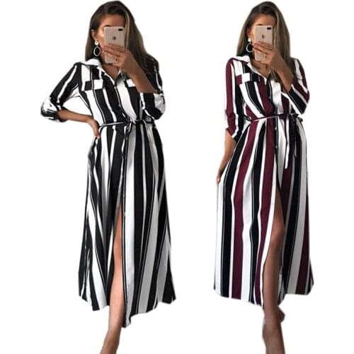 COLDKER women long sleeves dress striped turn down collar cloth for female woman casual clothing office ladies dress