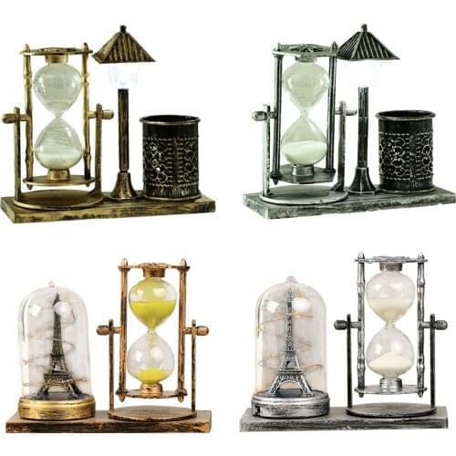 European Retro Pen Holder Night Lamp Sand Timer Decoration Innovative Desktop Hourglass Vintage Sand Clock Gift For Students