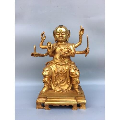 Chinese temple collection Old Bronze Gilt Six arms Red boy statue Good Choi Boy Back light Sitting Buddha Ornaments Town House