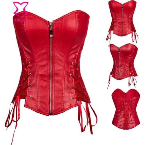 Black/Red Faux Leather Strapless Corset Zipper Boned Corset with thong Gothic Sexy Waist Trainer Bustier Party Clubwear Clothes